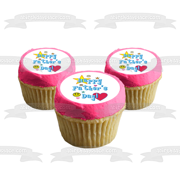 Happy Father's Day Colorful Hearts Stars and Smiley Faces Edible Cake Topper Image ABPID54045