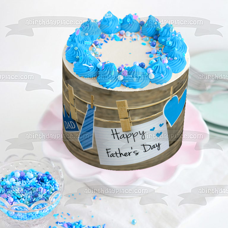 Happy Father's Day Heart Crown Tie Clothespin Line Note Edible Cake Topper Image ABPID54053