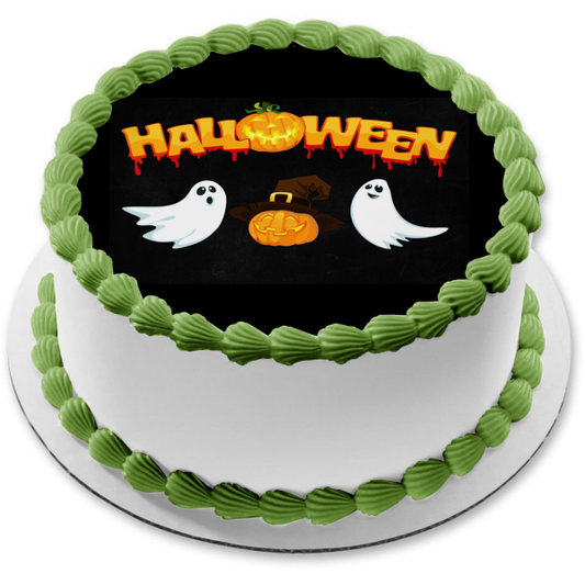 Halloween Jack-O-Lantern and Ghosts Edible Cake Topper Image ABPID54321