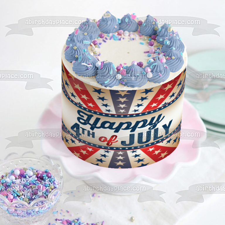 Happy 4th of July Independence Day Red White and Blue Stars Edible Cake Topper Image ABPID54058