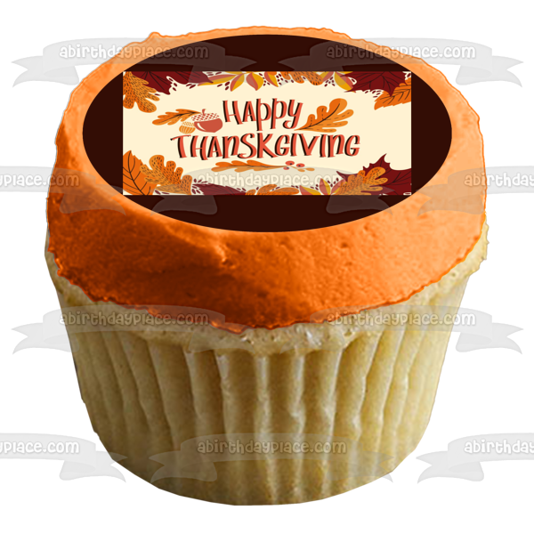 Happy Thanksgiving Fall Colored Leaves Edible Cake Topper Image ABPID54355