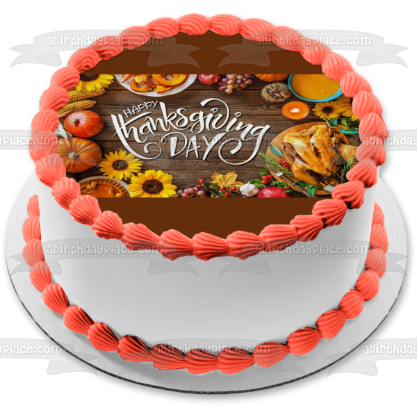 Happy Thanksgiving Day Pumpkins Flowers Thanksgiving Dinner Edible Cake Topper Image ABPID54358
