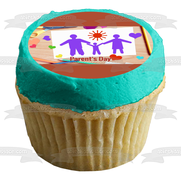 Feliz día de los padres, mamá, papá, niño tomados de la mano, decoración comestible para tarta, imagen ABPID54143 