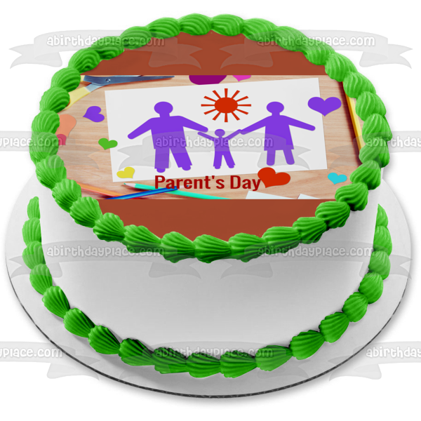 Feliz día de los padres, mamá, papá, niño tomados de la mano, decoración comestible para tarta, imagen ABPID54143 