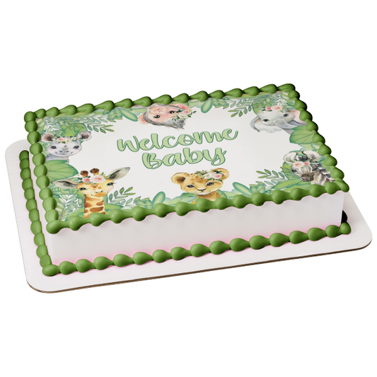 Watercolor Baby Safari Animals Border Monkey Giraffe Zebra and an Elephant Edible Cake Topper Image ABPID56518