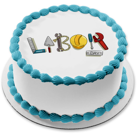 Labor Day Assorted Tools and Work Hats Edible Cake Topper Image ABPID54186