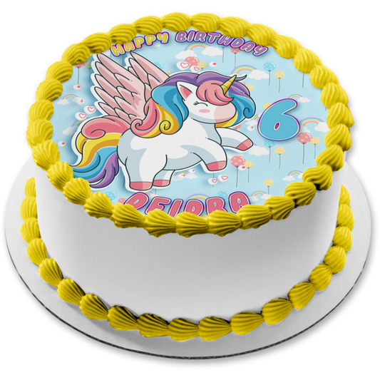Rainbow Unicorn Pegasus Cartoon Birthday Party Edible Cake Topper Image ABPID56555