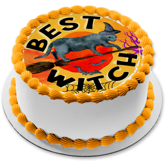 Best Witch Black Cat Halloween Spiderwebs and Bats Edible Cake Topper Image ABPID56561