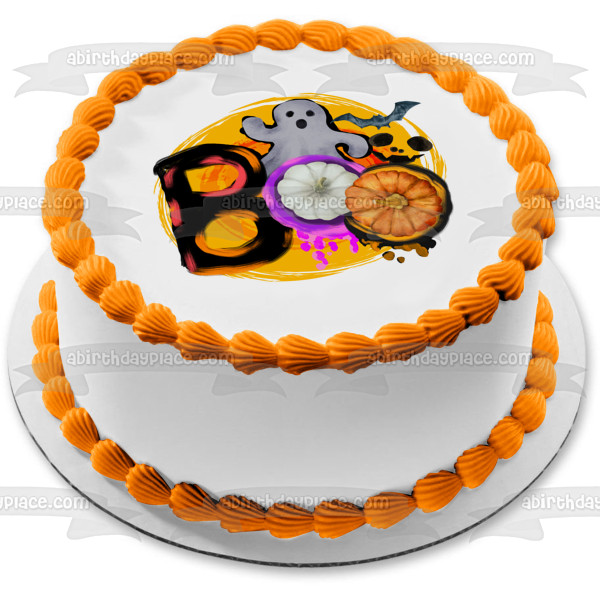 Boo Halloween Ghost Pumpkins and Bats Edible Cake Topper Image ABPID56572