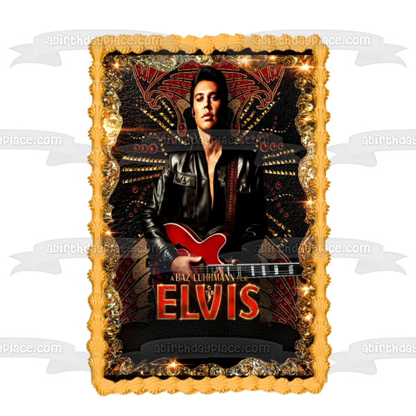 Elvis Movie 2022 Leather and Gold Border Poster Edible Cake Topper Image ABPID56583