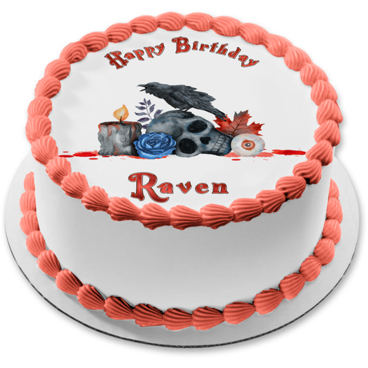 Halloween Black Candle, A Raven, A Skull, An Eyeball and Leaves and Flowers Edible Cake Topper Image ABPID56588