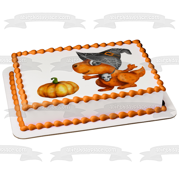 Halloween Dinosaur with a Pumpkin Edible Cake Topper Image ABPID56589