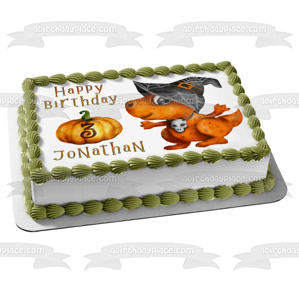Halloween Dinosaur with a Pumpkin Edible Cake Topper Image ABPID56589
