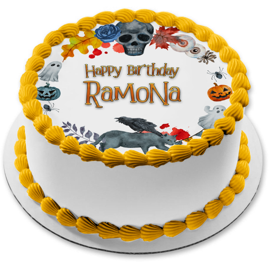 Halloween Wreath Skull Black Cat Raven Ghost Pumpkin Edible Cake Topper Image ABPID56598