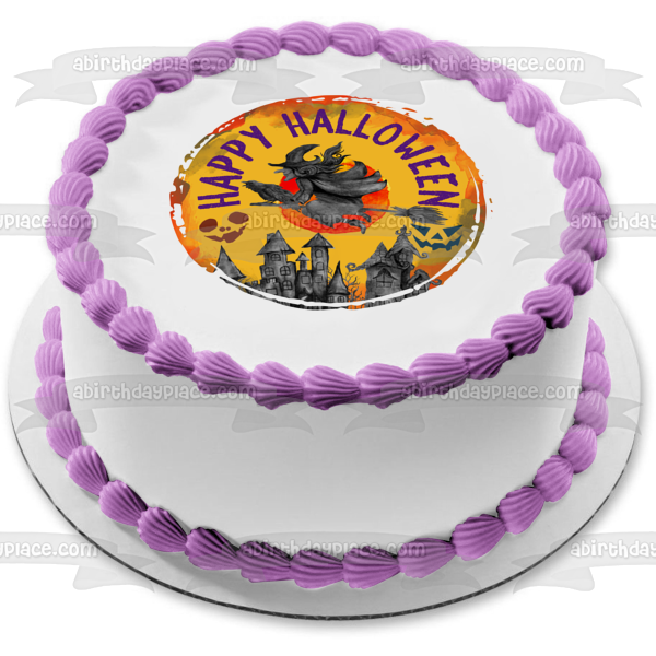 Happy Halloween Witch Flying on a Raven  Over a Town Edible Cake Topper Image ABPID56599