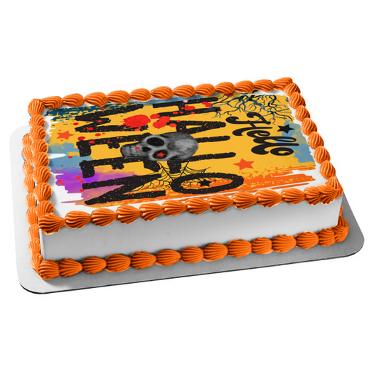 Hello Halloween Skull, Blood Spatter and Stars Edible Cake Topper Image ABPID56601