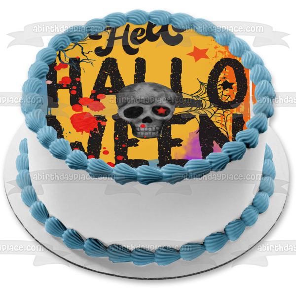 Hello Halloween Skull, Blood Spatter and Stars Edible Cake Topper Image ABPID56601