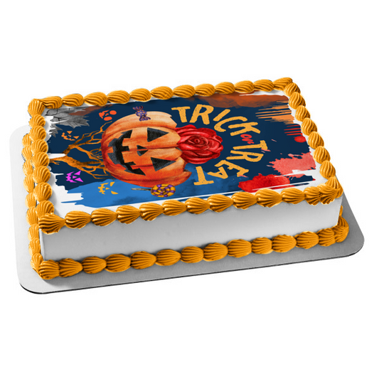 Trick or Treat Pumpkin and Candy Edible Cake Topper Image ABPID56645