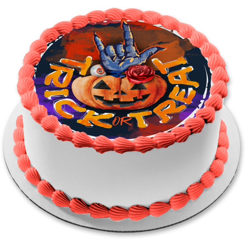 Trick or Treat Rock Sign Horns Eye Pumpkin Rose Edible Cake Topper Image ABPID56647