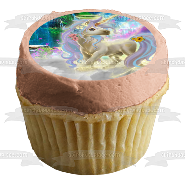 Fantasy Unicorn with a Halo Waterfall  Rainbow Background Edible Cake Topper Image ABPID56670
