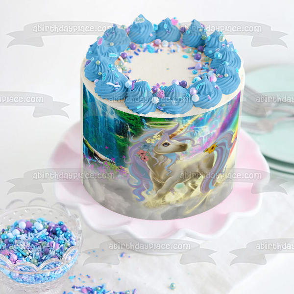 Fantasy Unicorn with a Halo Waterfall  Rainbow Background Edible Cake Topper Image ABPID56670