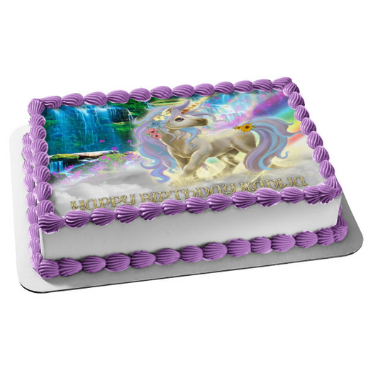 Fantasy Unicorn with a Halo Waterfall  Rainbow Background Edible Cake Topper Image ABPID56670