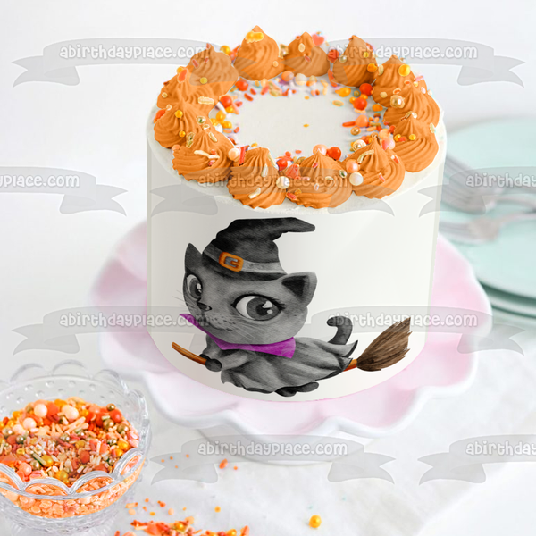 Happy Halloween Witch Cat on a Broom Watercolor Illustration Edible Cake Topper Image ABPID56652