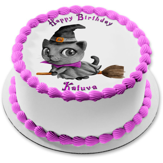 Happy Halloween Witch Cat on a Broom Watercolor Illustration Edible Cake Topper Image ABPID56652