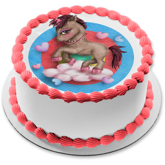Wonderful Brown Unicorn with Pink Clouds and Hearts Edible Cake Topper Image ABPID56682