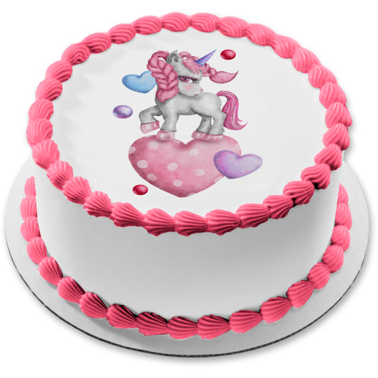 Wonderful Unicorn Pink and White Hearts Edible Cake Topper Image ABPID56683