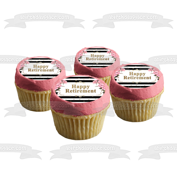 Happy Retirement Roses Black and White Stripes with Gold Glitter Edible Cake Topper Image ABPID56697