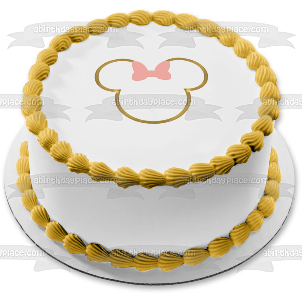 Minnie Mouse Ears Names Frame Gold with a Pink Bow Edible Cake Topper Image ABPID56698