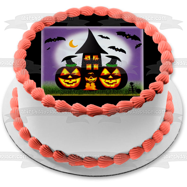 Happy Halloween Pumpkins Haunted House and Bats Edible Cake Topper Image ABPID56710