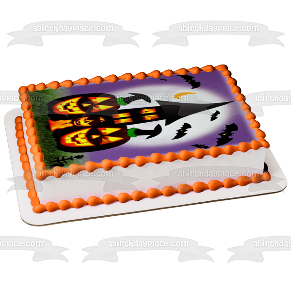 Happy Halloween Pumpkins Haunted House and Bats Edible Cake Topper Image ABPID56710