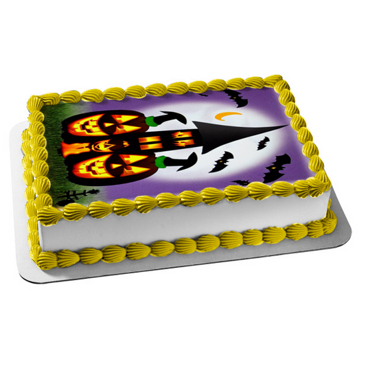 Happy Halloween Pumpkins Haunted House and Bats Edible Cake Topper Image ABPID56710