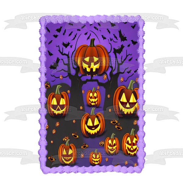 Happy Halloween Scary Pumpkins and Bats Edible Cake Topper Image ABPID56718