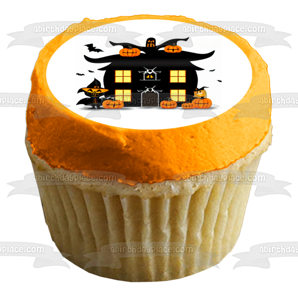 Happy Halloween Haunted House Pumpkins and Bats Edible Cake Topper Image ABPID56711