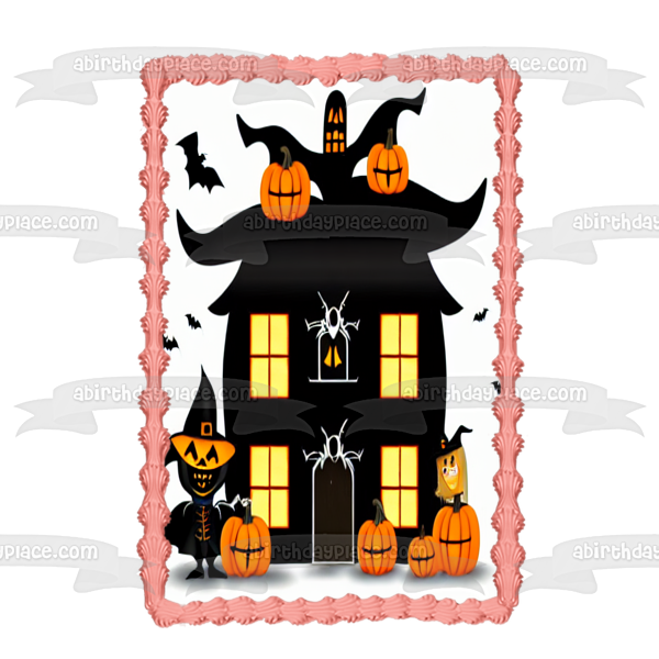 Happy Halloween Haunted House Pumpkins and Bats Edible Cake Topper Image ABPID56711