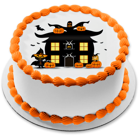 Happy Halloween Haunted House Pumpkins and Bats Edible Cake Topper Image ABPID56711