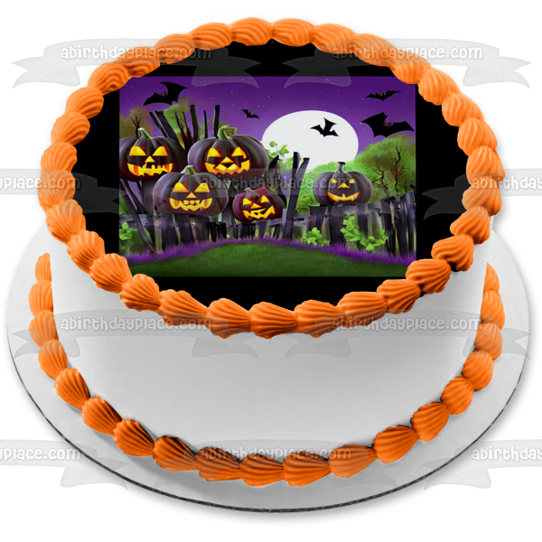 Happy Halloween Scary Pumpkins and Bats In Front of the Moon Edible Cake Topper Image ABPID56719