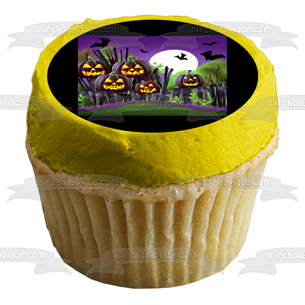 Happy Halloween Scary Pumpkins and Bats In Front of the Moon Edible Cake Topper Image ABPID56719