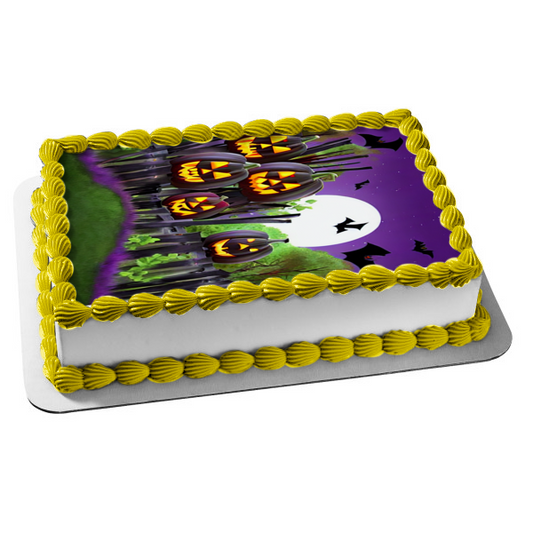 Happy Halloween Scary Pumpkins and Bats In Front of the Moon Edible Cake Topper Image ABPID56719