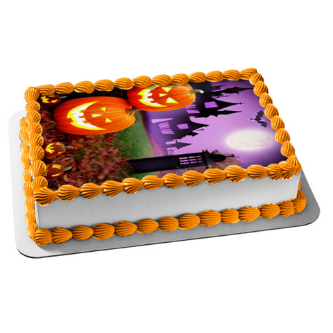 Happy Halloween Pumpkins Bats and a Haunted House Edible Cake Topper Image ABPID56712