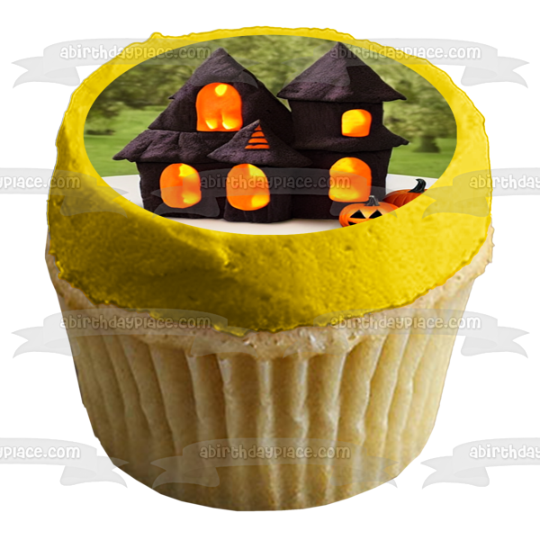 Feliz Halloween Calabazas y una casa encantada Imagen de adorno comestible para pastel ABPID56713 