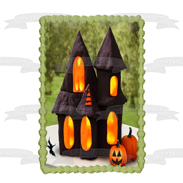 Feliz Halloween Calabazas y una casa encantada Imagen de adorno comestible para pastel ABPID56713 