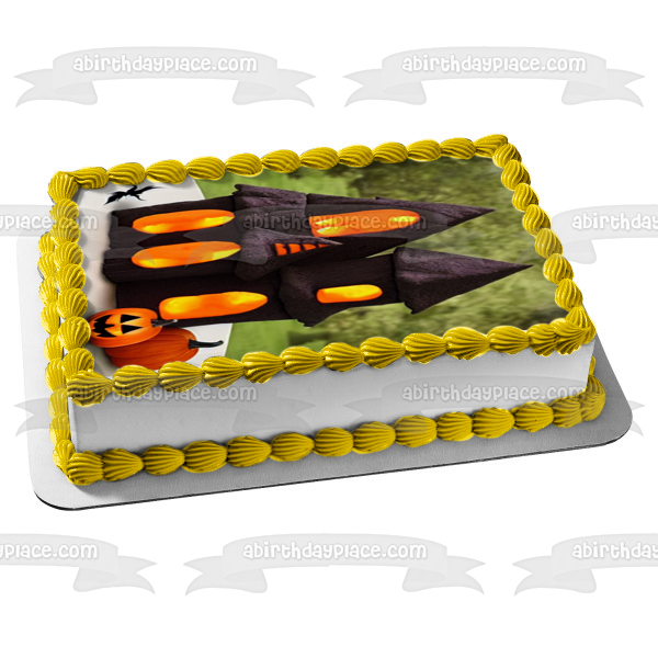 Feliz Halloween Calabazas y una casa encantada Imagen de adorno comestible para pastel ABPID56713 