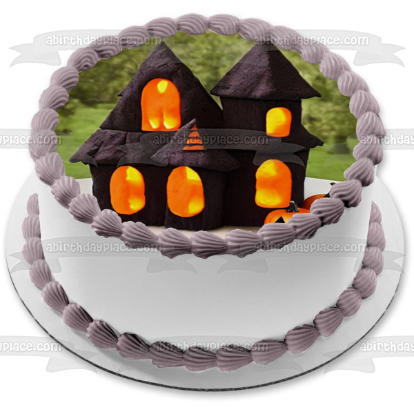 Feliz Halloween Calabazas y una casa encantada Imagen de adorno comestible para pastel ABPID56713 