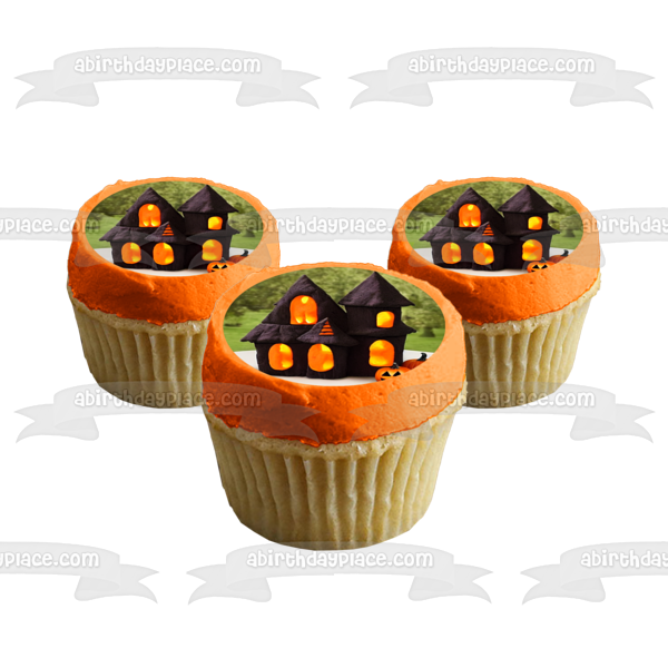 Happy Halloween Pumpkins and a Haunted House Edible Cake Topper Image ABPID56713