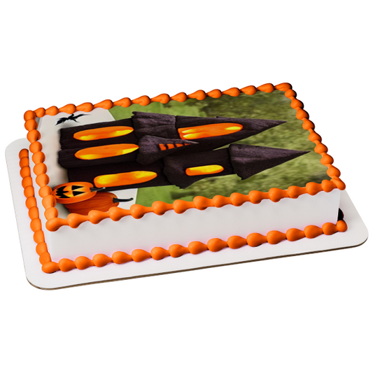 Happy Halloween Pumpkins and a Haunted House Edible Cake Topper Image ABPID56713
