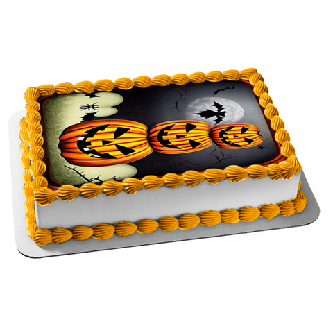 Happy Halloween Scary Jack O'Lanterns Bats and the Moon Edible Cake Topper Image ABPID56714